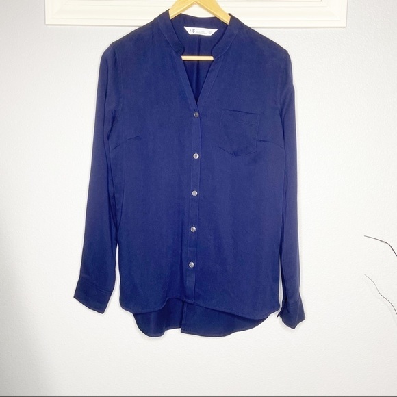 Fig Metro Navy Blue Split Neck Blouse XS button Lyocell - Picture 1 of 9